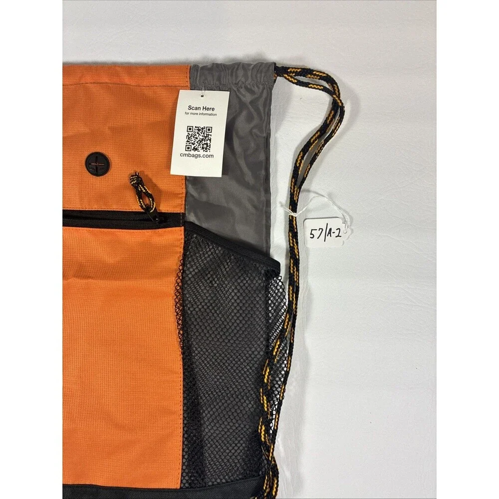 CMBags Orange Gray Drawstring Backpack Cinch Sack Mesh Pockets Front Zip Pockets